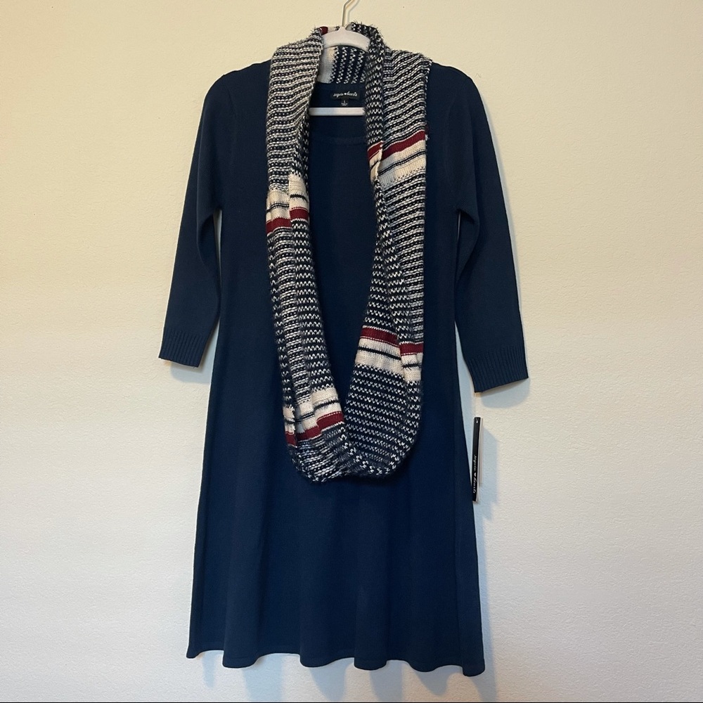 Sequin Hearts 3/4 Sleeves  Sweater Dress W/Scarf